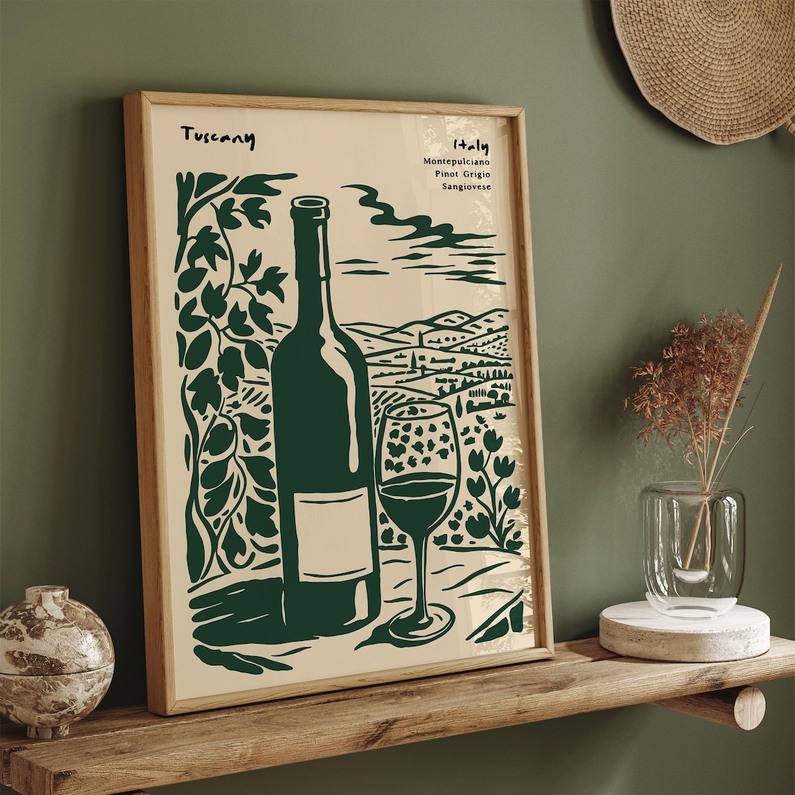 Tuscany Italy Green Wine Bottle Glass Vineyard Wall Scene Poster
