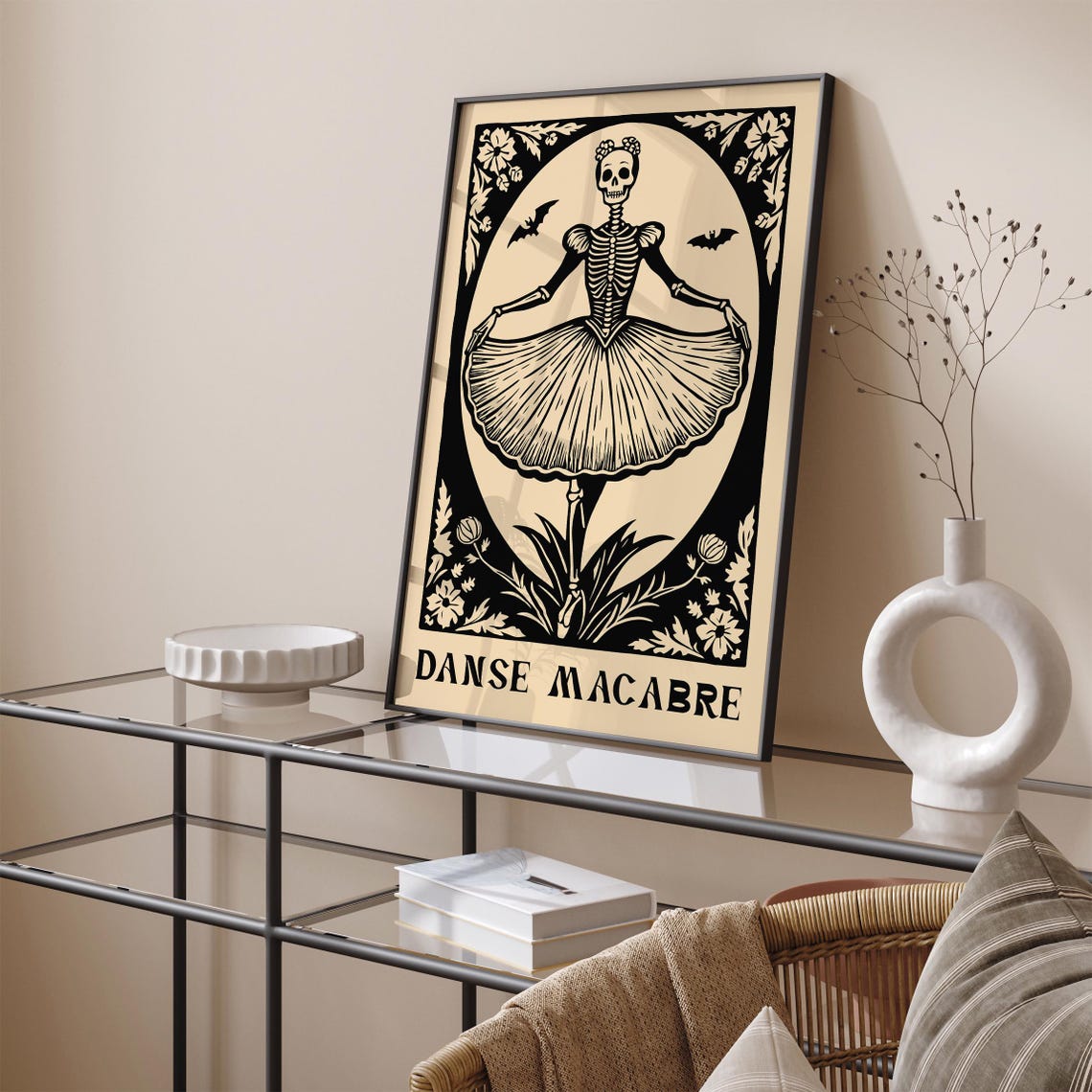 Danse Macabre Black Cream Skeleton Ballerina Woodcut Art Poster - Image 3