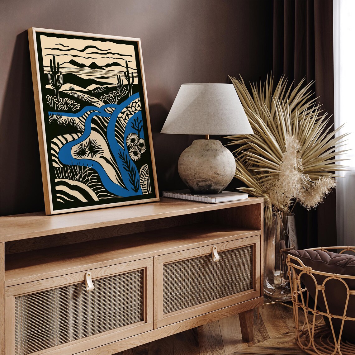 Linocut Blue River Saguaro Cactus Bold Desert Landscape Poster - Image 2
