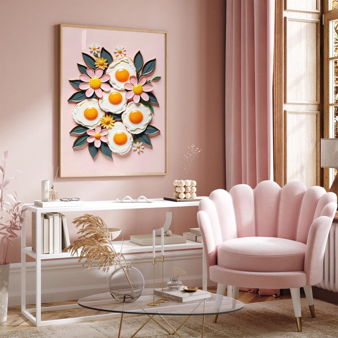 Fried Eggs and Pink Flowers Quirky Blush Pink Kitchen Art Poster - Image 6