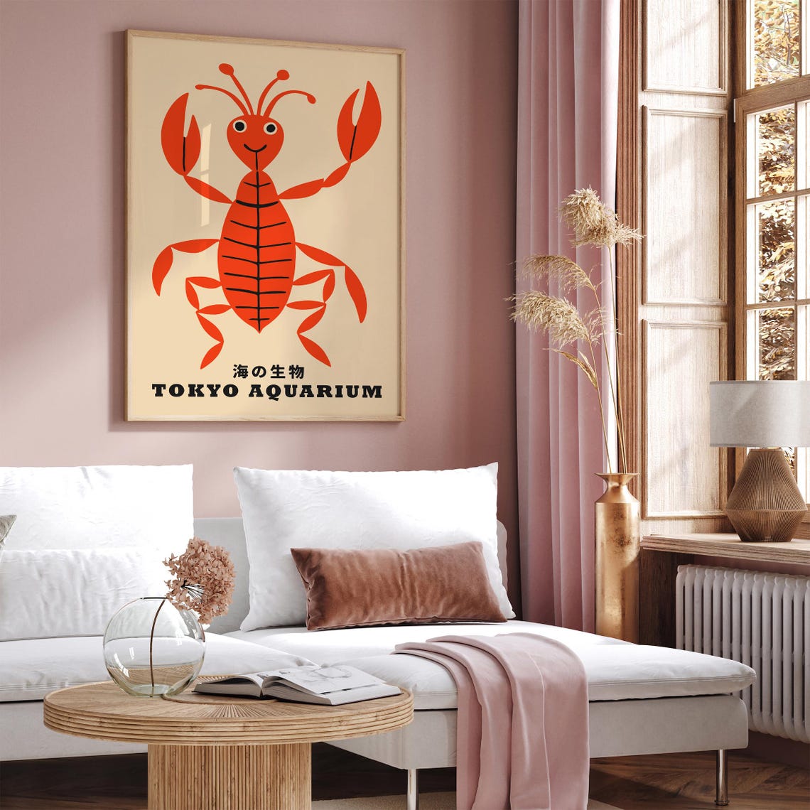 Vintage Tokyo Aquarium Poster with a Smiling Cheerful Red Lobster - Image 2
