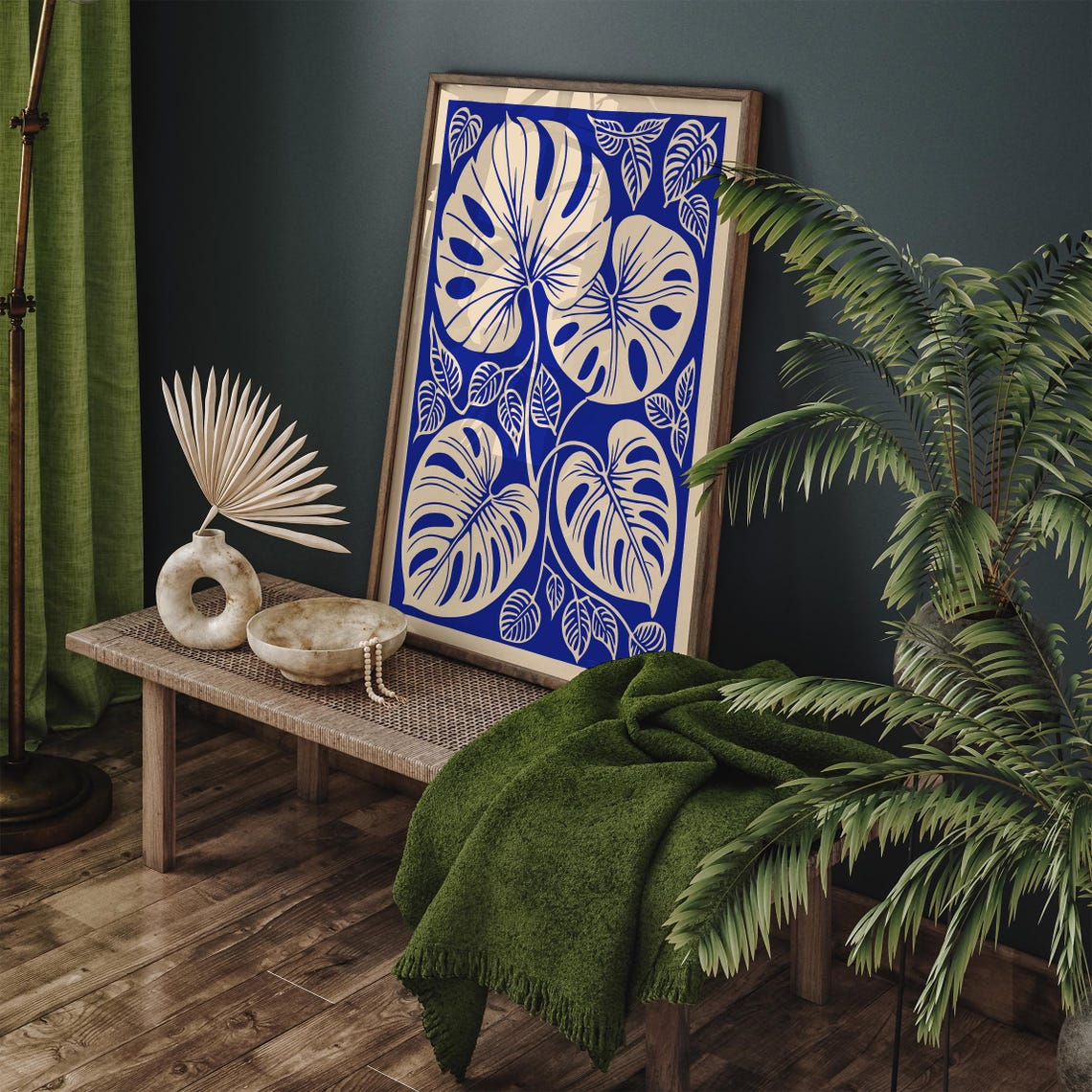 Blue Monstera Leaf Linocut Tropical Botanical Illustration Print - Image 2