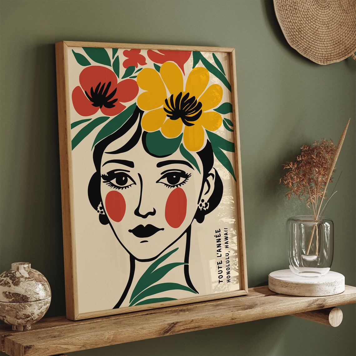 Floral Hawaiian Girl Portrait Honolulu Hawaii Travel Art Poster