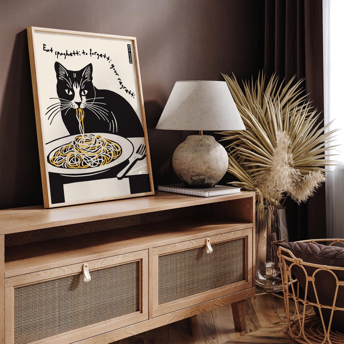 Black Cat Spaghetti Poster Dolce Vita Eat Spaghetti To Forget Regretti - Image 5