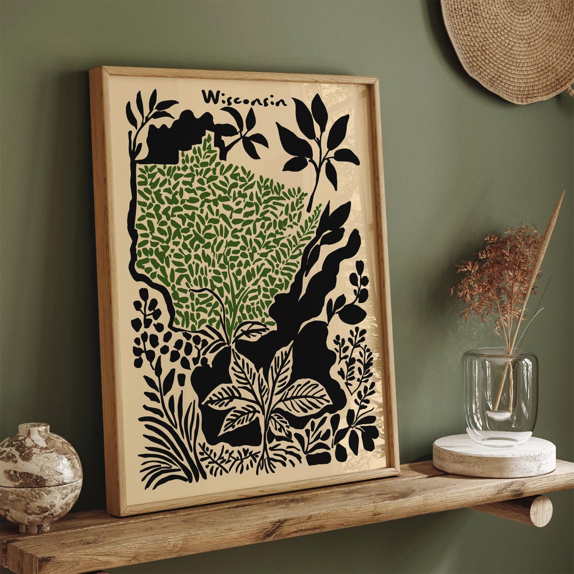 Wisconsin State Map Botanical Leaf Illustration Graphic Poster