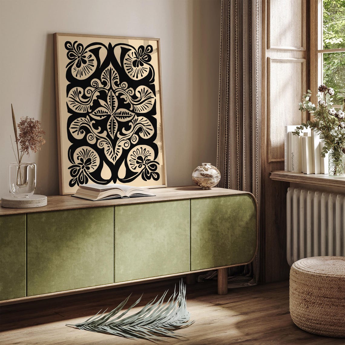 Bold Black and Cream Art Nouveau Floral Ornament Pattern Poster - Image 2