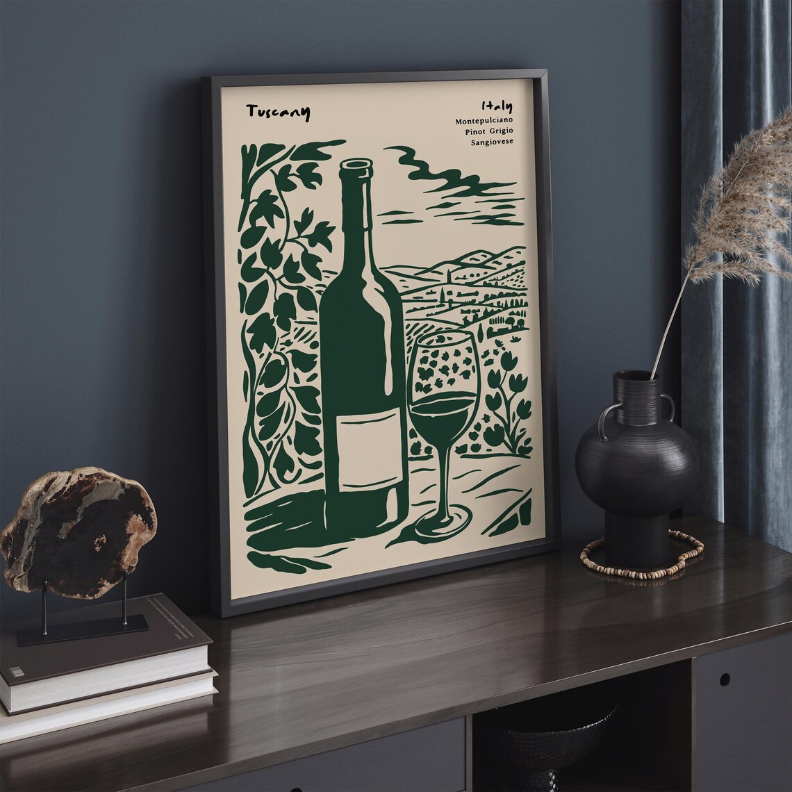 Tuscany Italy Green Wine Bottle Glass Vineyard Wall Scene Poster - Image 3