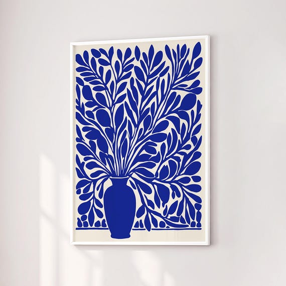 Blue Floral Art Print In Matisse Style Bold Botanical Wall Art Modern Cutout Flower Poster Minimalist Nature Decor Contemporary Home Art