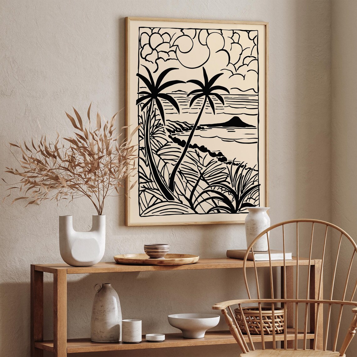 Thailand Palm Beach Black Beige Linocut Minimalist Travel Poster - Image 3