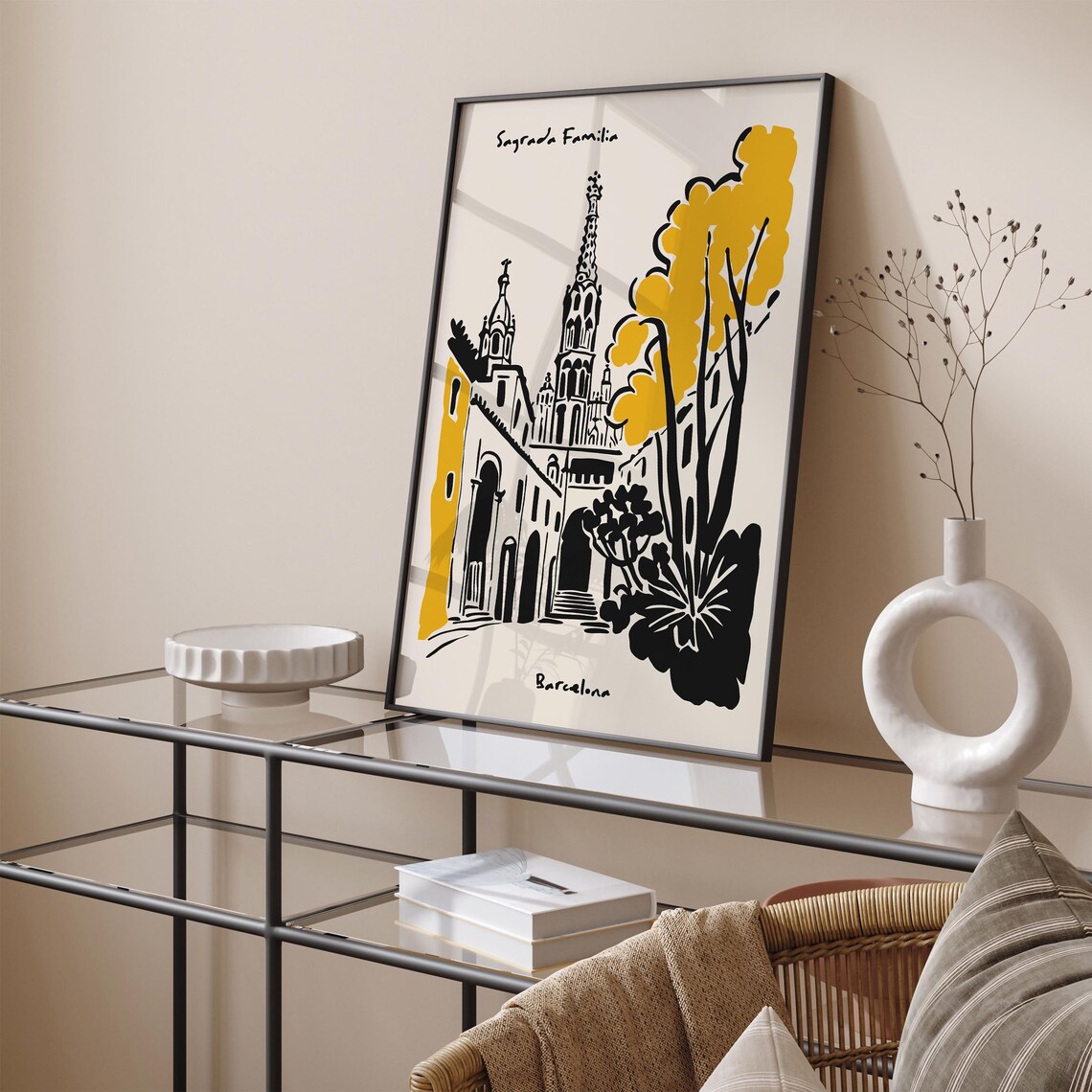 Sagrada Familia Barcelona Ink Sketch Black Yellow Travel Poster - Image 4