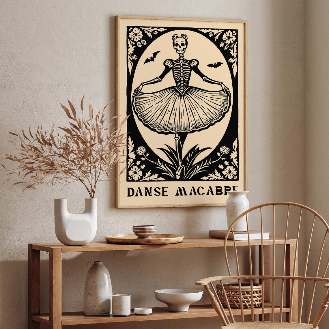 Danse Macabre Black Cream Skeleton Ballerina Woodcut Art Poster - Image 2