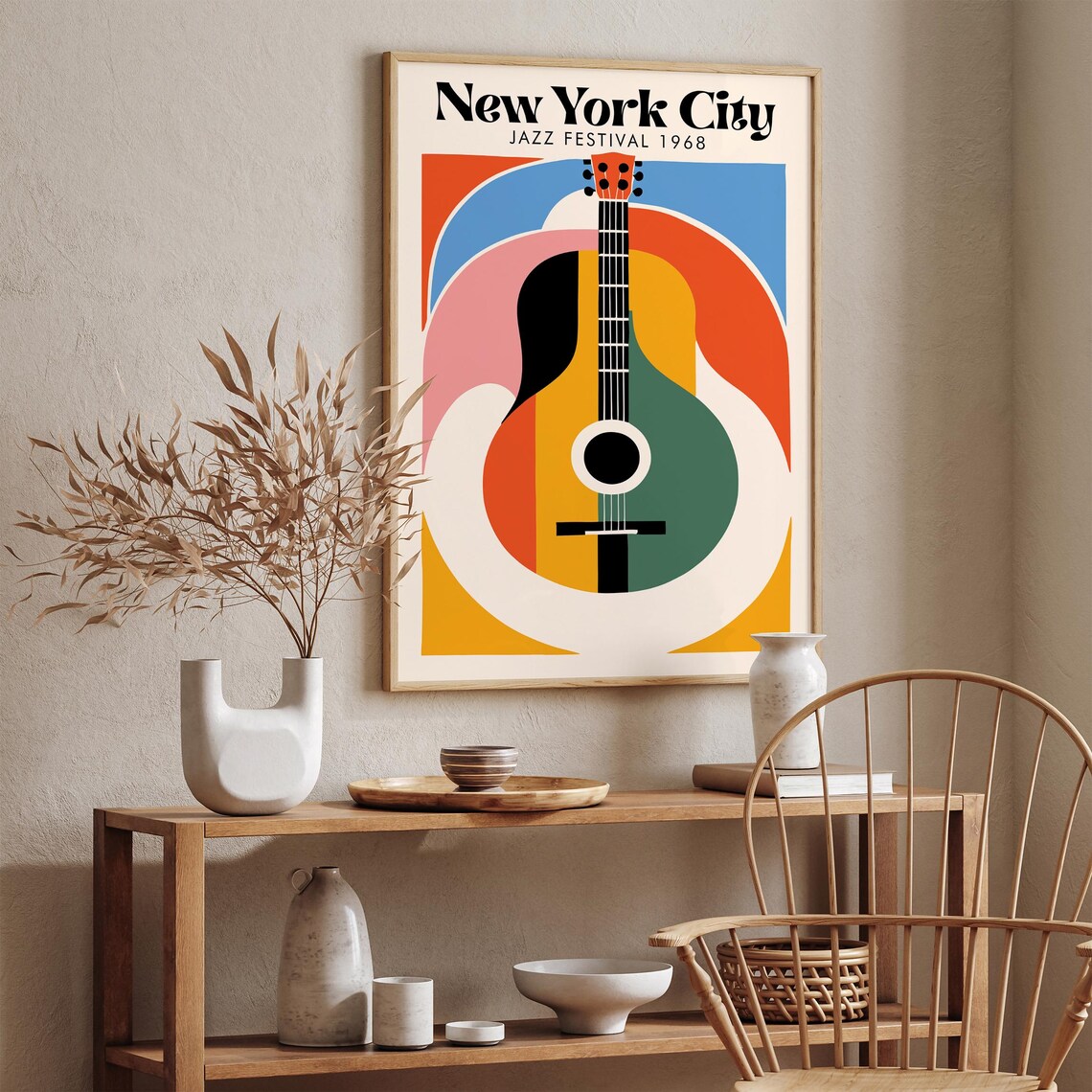 Retro Groovy 1968 New York City Jazz Festival Striped Guitar Poster - Image 3