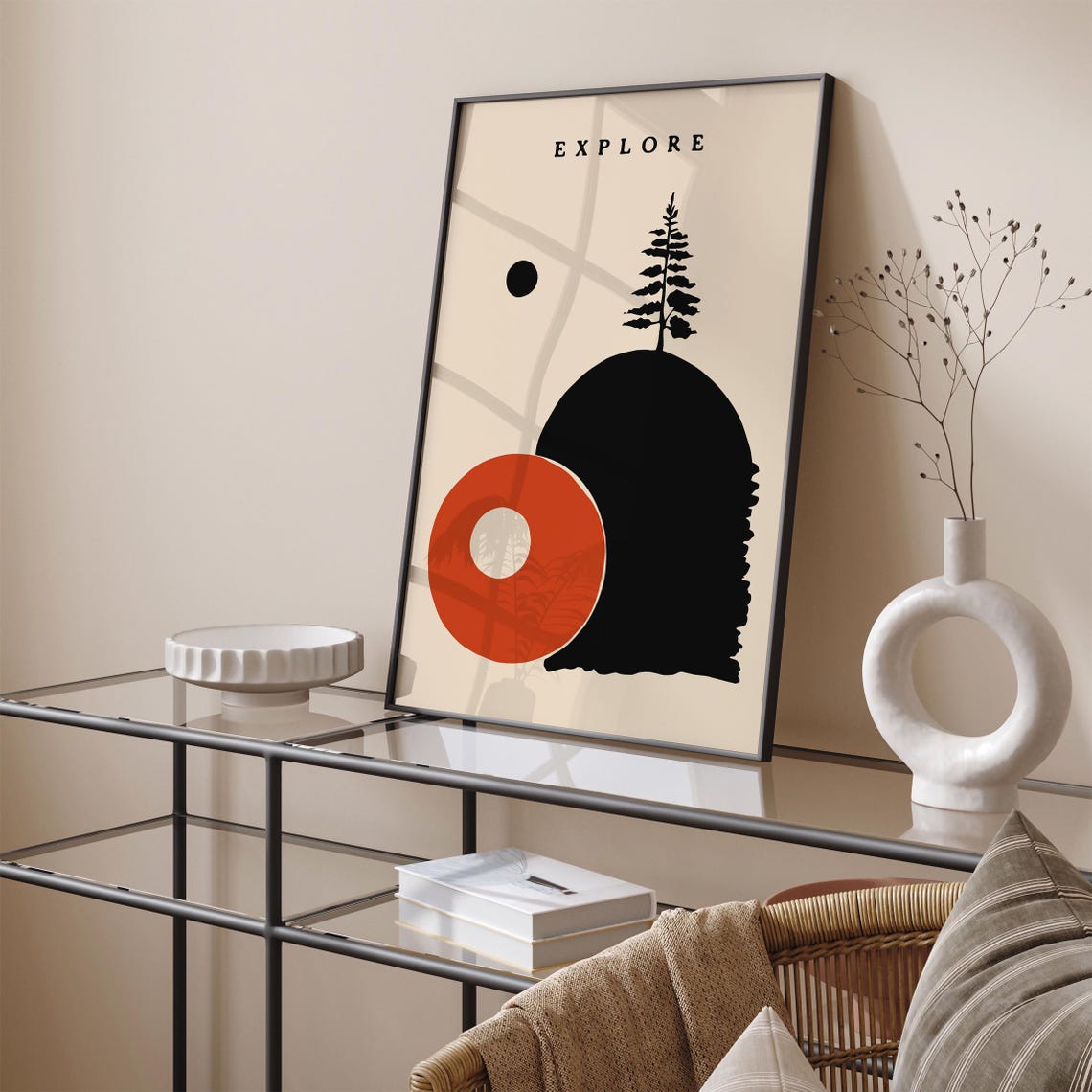Explore Minimalist Travel Poster Scene with Red Sun and Pine Tree - Image 3