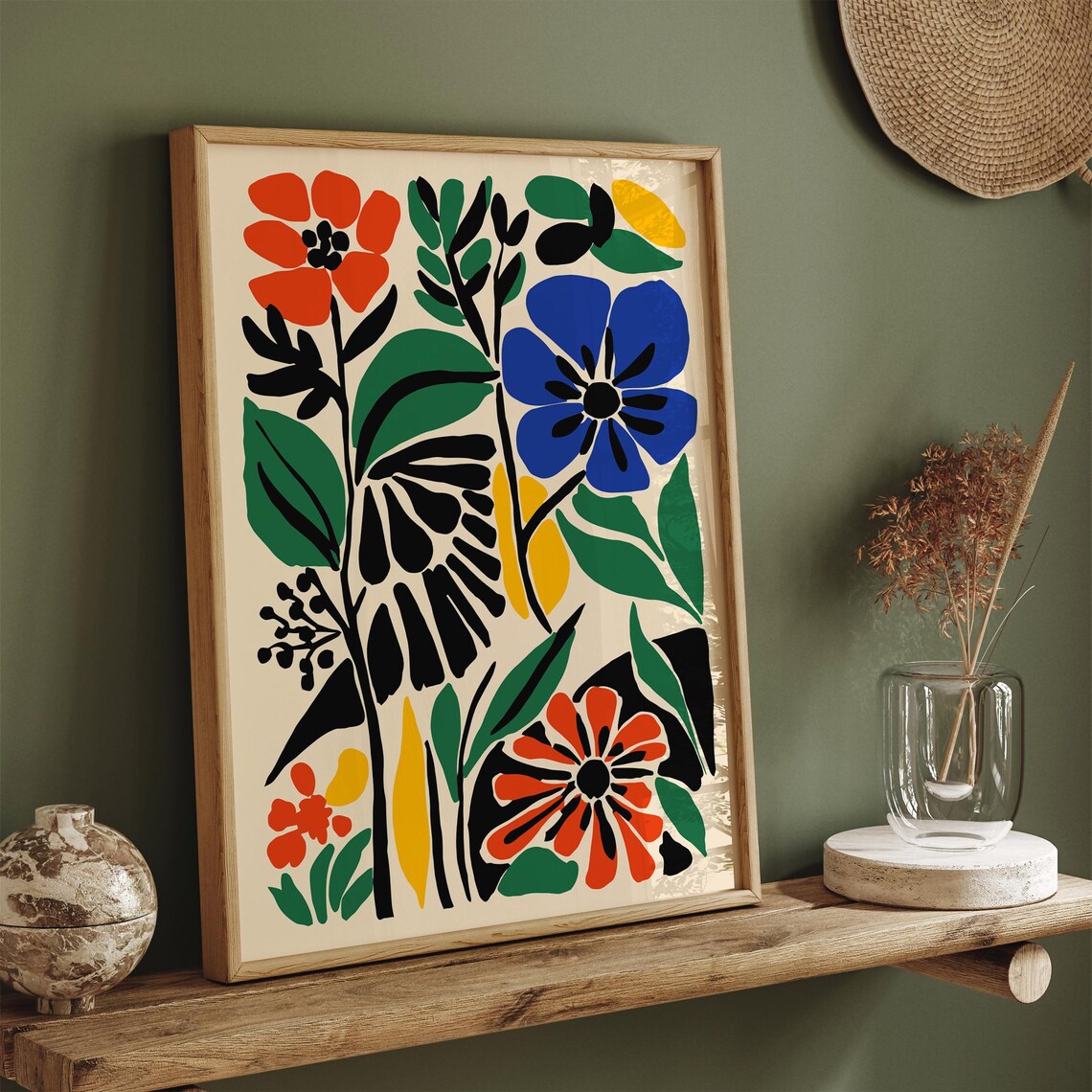 Bold Graphic Flower Garden Poster Red Blue and Yellow Abstract Blooms - Image 2