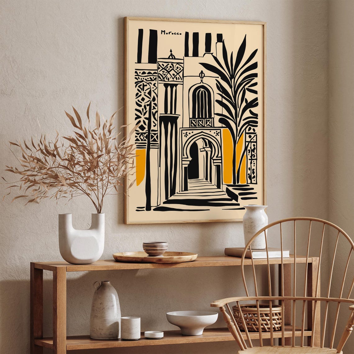 Morocco Minimalist Black Ink Archway Courtyard Travel Poster - Image 4