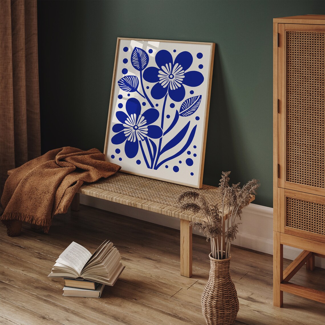 Royal Blue Indigo Flowers Bold Botanical Folk Style Art Print - Image 5