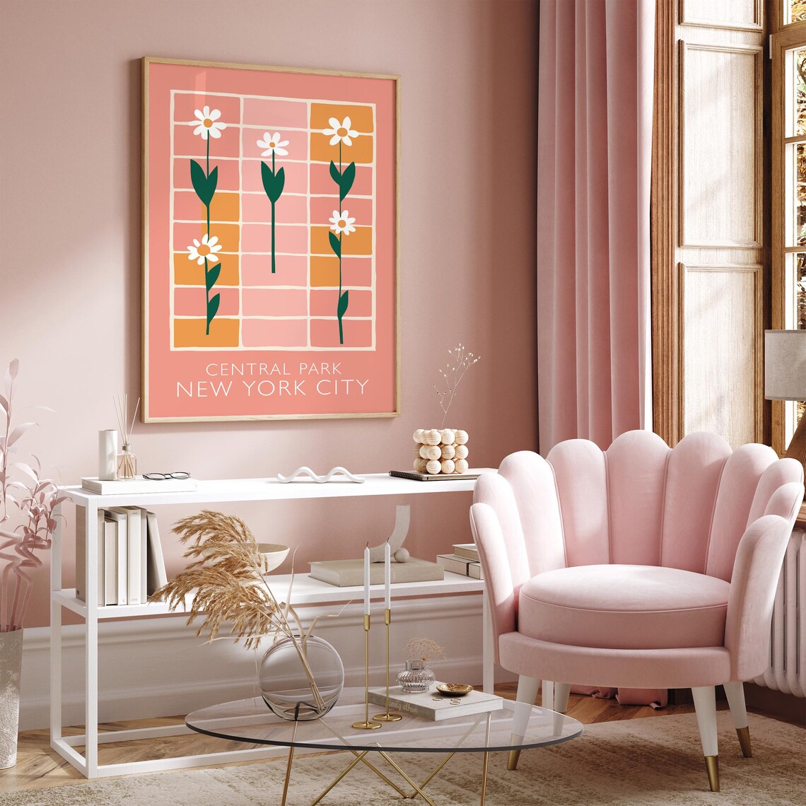 Peach Retro Central Park New York City Daisies Floral Poster - Image 2