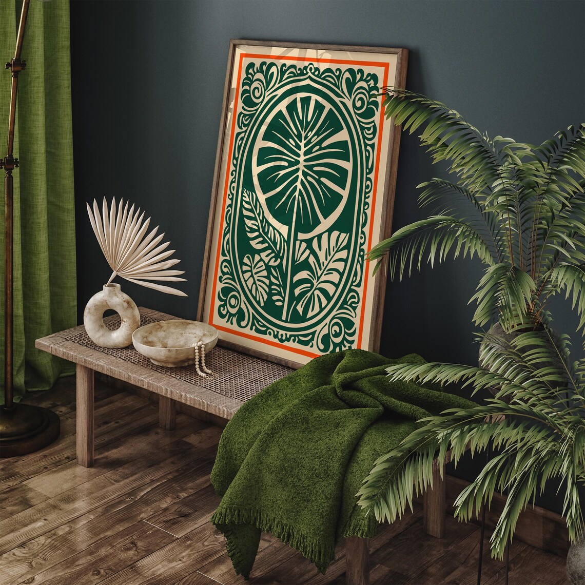 Green Monstera Leaf Design in Orange Border Botanical Poster - Image 5