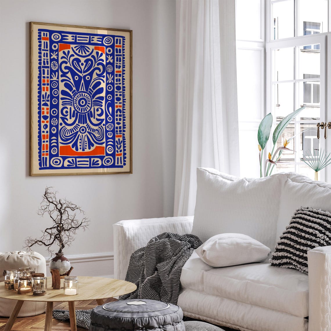 Blue Red Ethnic Tribal Pattern Bold Bohemian Folk Style Art Print - Image 2