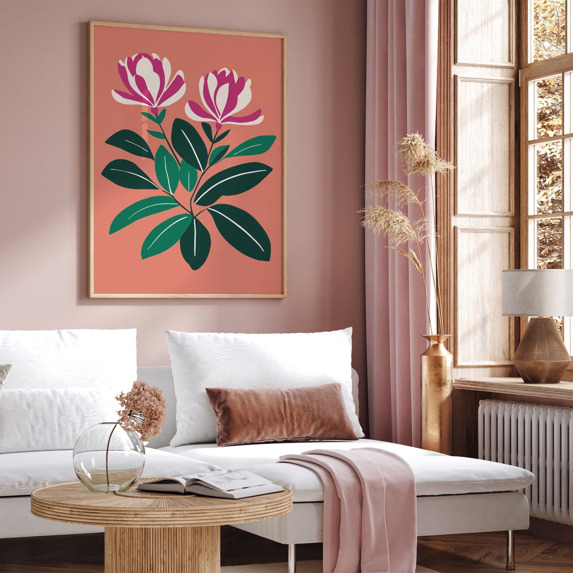 Pink Rhododendron Botanical Floral Art Print on Coral Background - Image 3