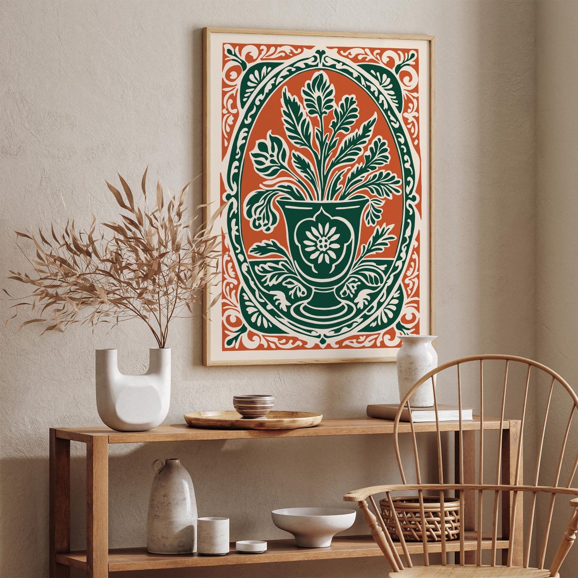 Green Urn Foliage Orange Rococo Botanical Kitchen Art Poster - Image 2