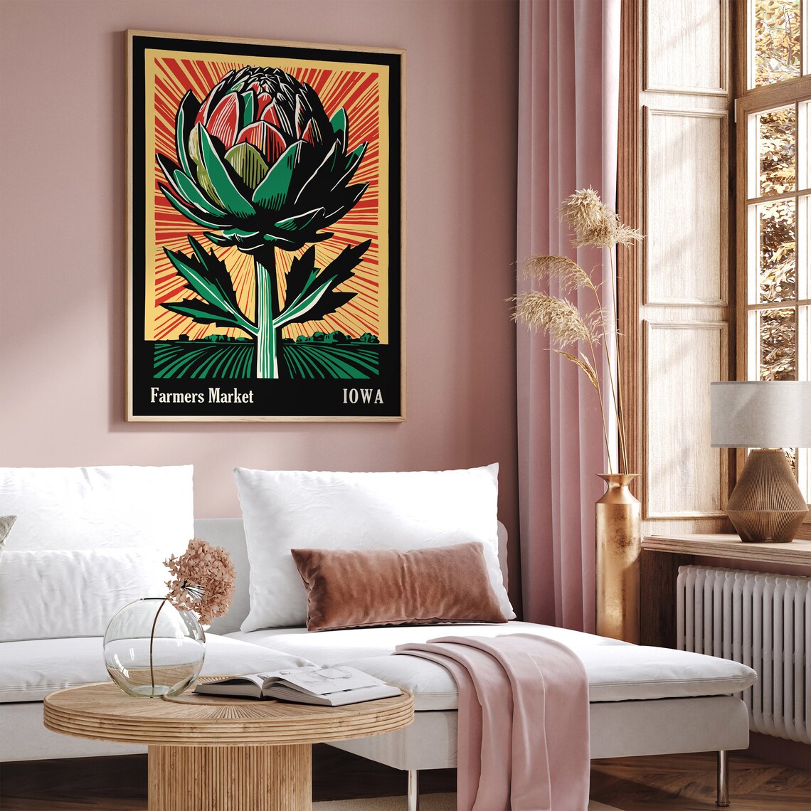 Iowa Farmers Market Artichoke Sunburst Linocut Kitchen Poster - Image 2
