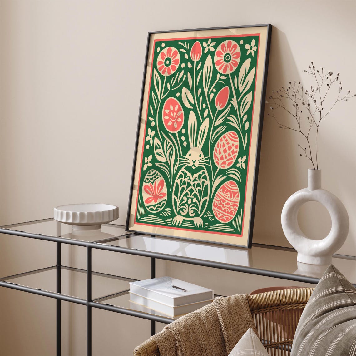 Green and Coral Easter Bunny Folk Decorated Eggs Spring Art Poster - Image 6