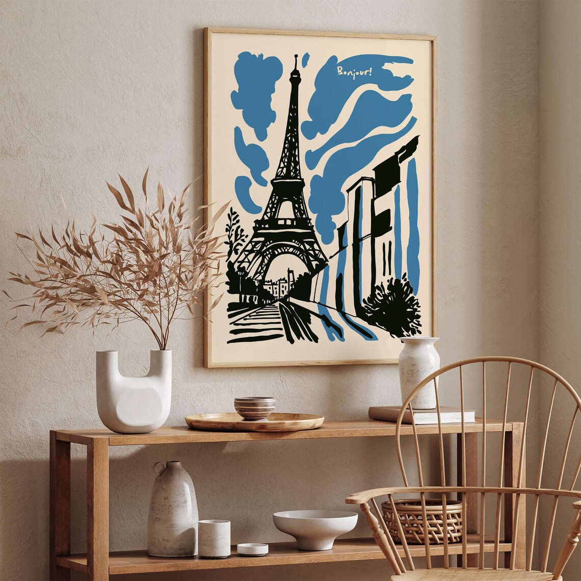 Bonjour Paris Eiffel Tower Blue Ink Modern Travel Art Poster - Image 5