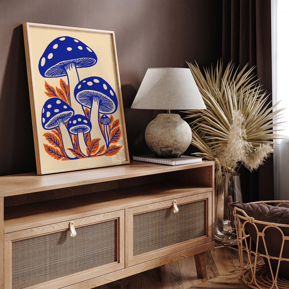 Blue Polka Dot Mushrooms Orange Leaves Retro Botanical Art Poster - Image 3