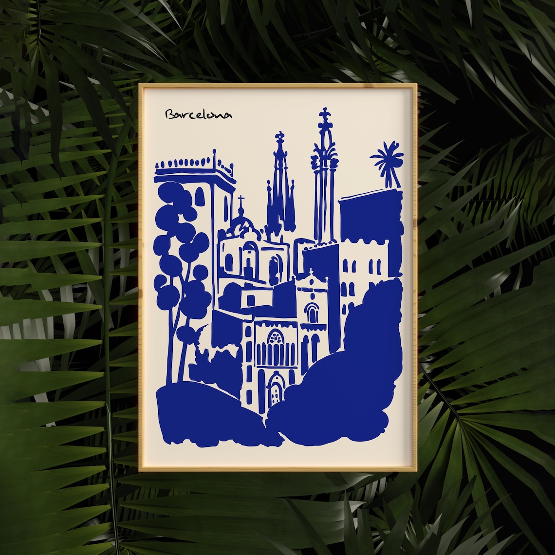 Barcelona Blue Ink Skyline With Cathedral Spires Travel Poster