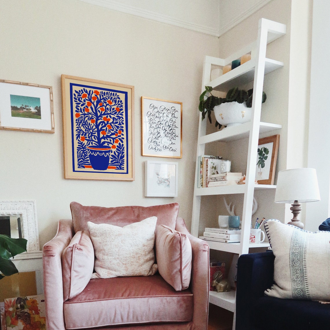 Indigo Blue Botanical Tree Orange Blossoms Matisse Style Poster - Image 2