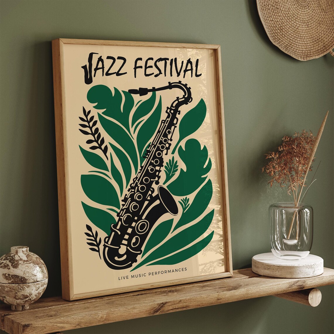 Jazz Festival Saxophone Green Leaves Live Music Vintage Poster