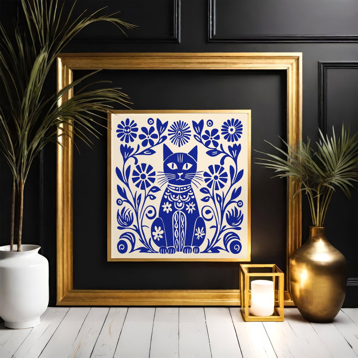 Whimsical Blue Folk Art Cat With Flowers Charming Decor Poster - Image 2
