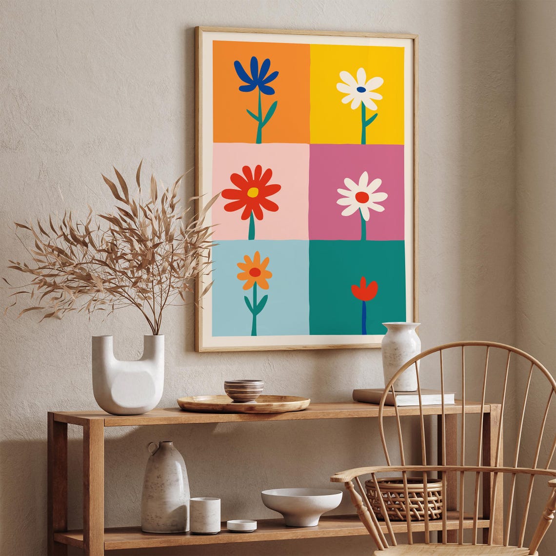 Retro 70s Six Panel Bold Colorful Blooming Flowers Grid Poster - Image 4
