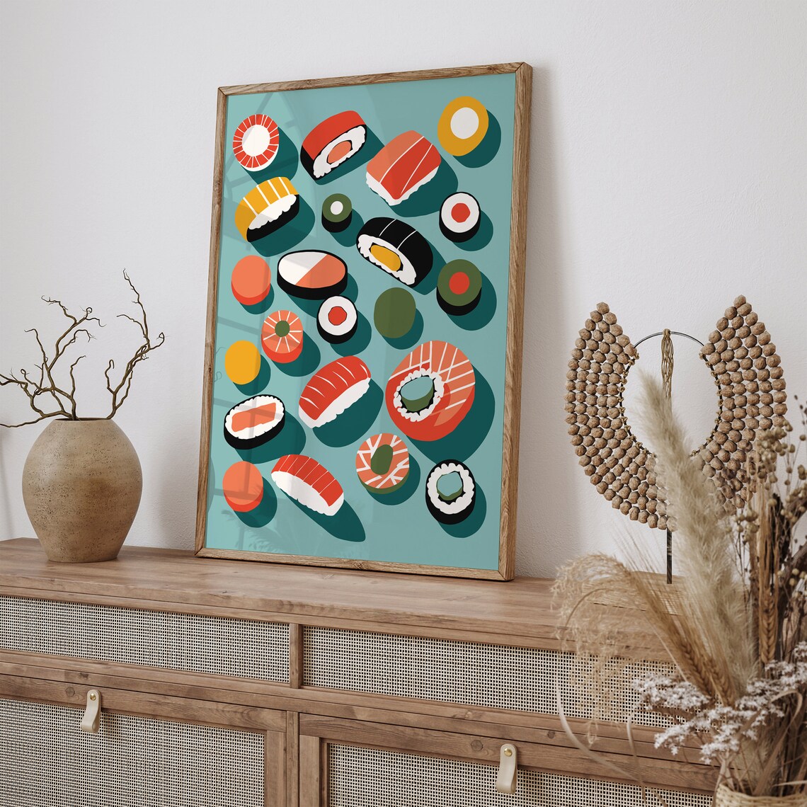 Colorful Sushi on Teal Modern Japanese Food Illustration Poster - Image 2