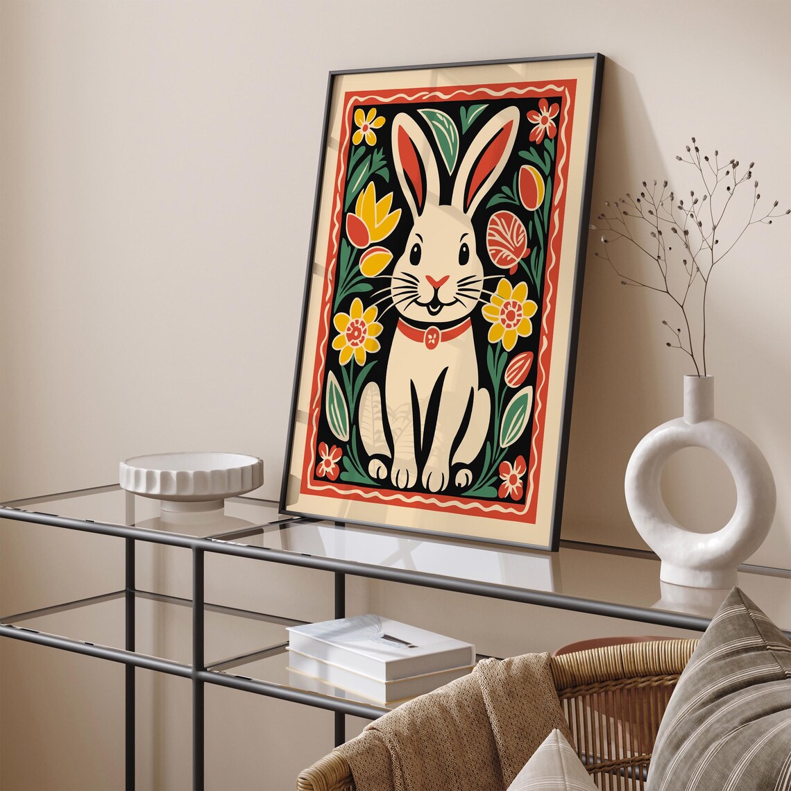 Folk Art Rabbit Tulip Floral Black Boho Spring Easter Wall Decor Poster - Image 6