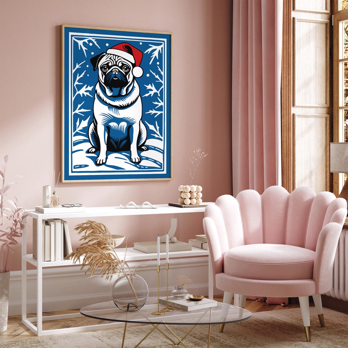 Cute Christmas Pug Dog in Santa Hat Blue Winter Scene Pet Poster - Image 2