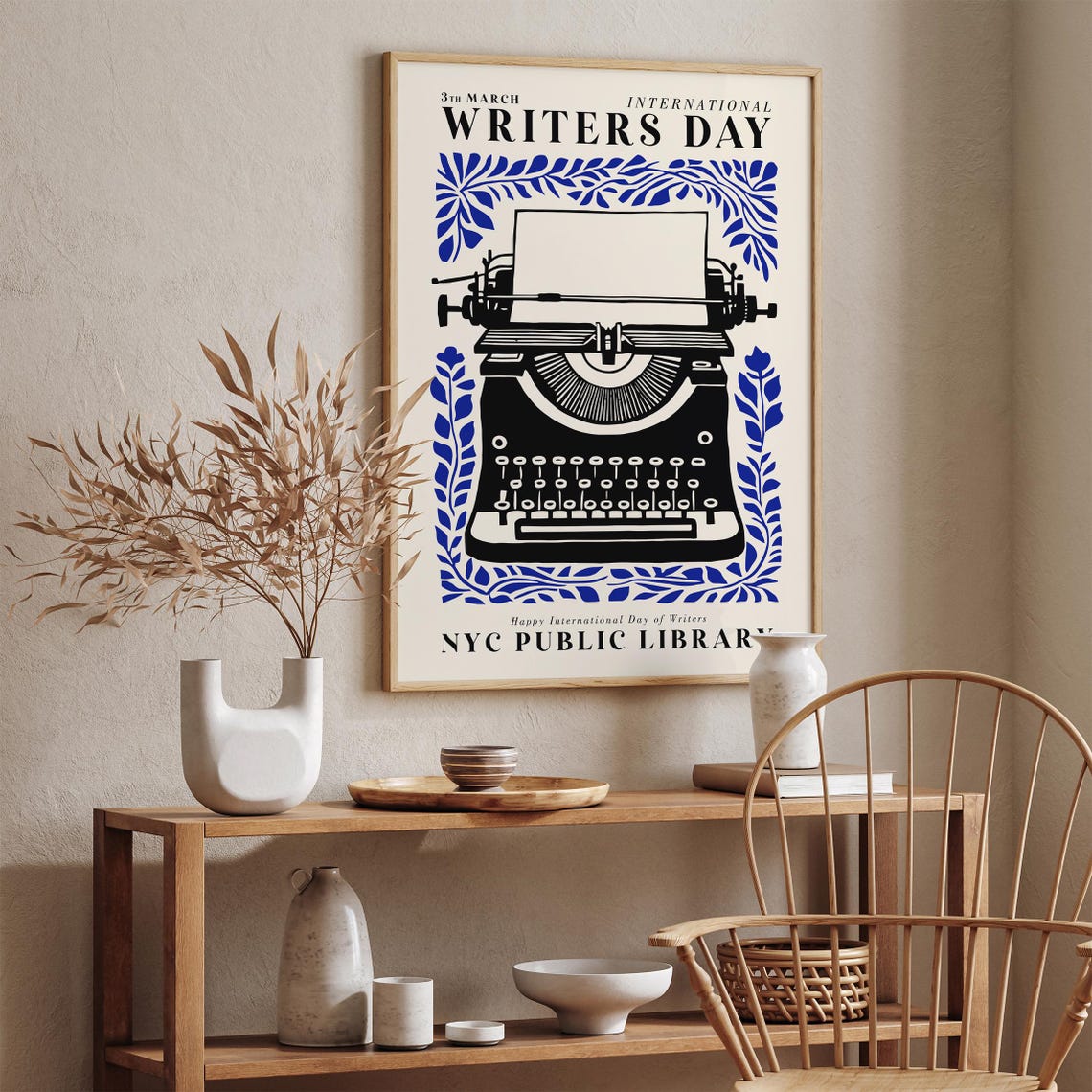 Gift International Writers Day Black Typewriter Blue Leaf Poster - Image 3