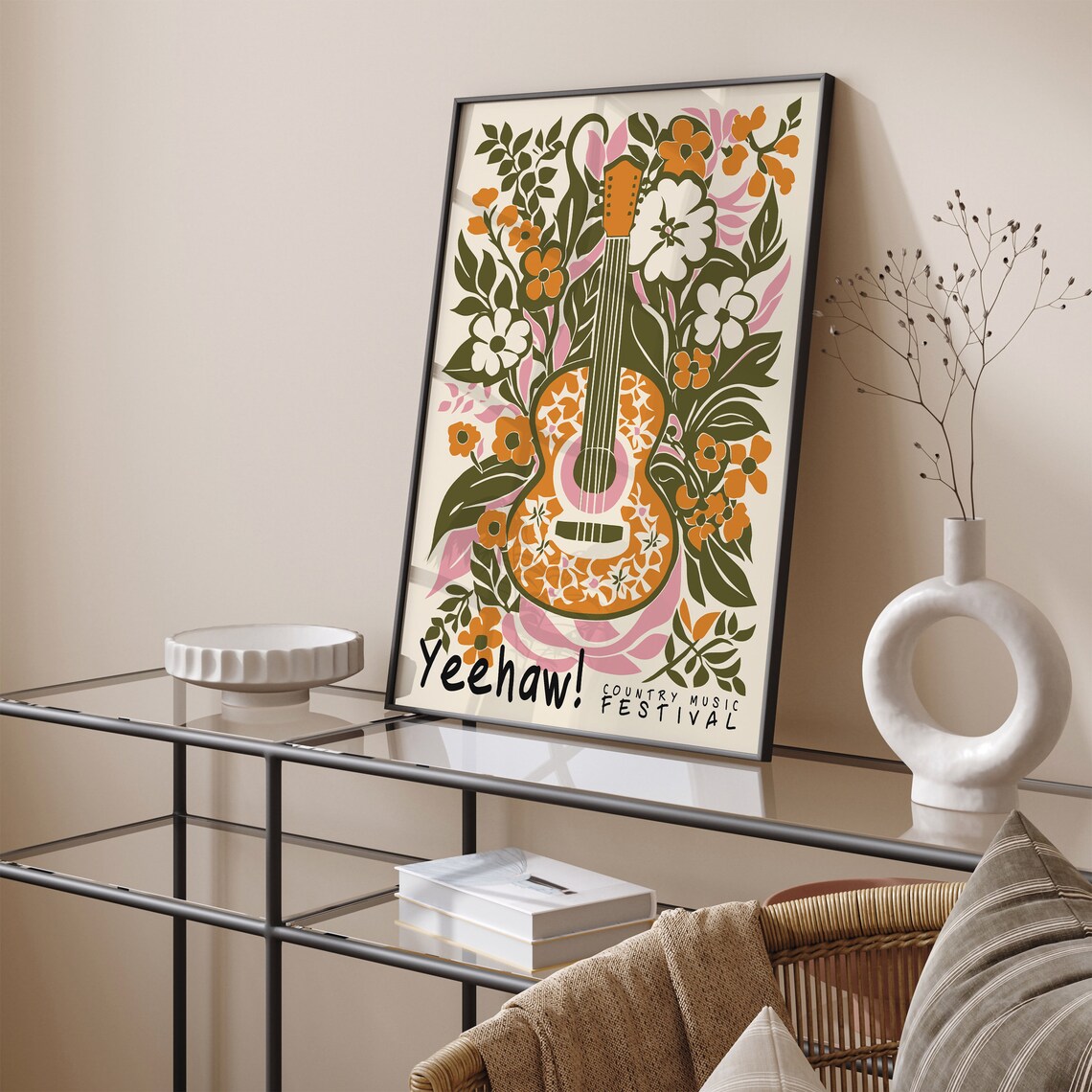 Vintage Yeehaw Country Music Festival Orange Floral Guitar Poster - Image 2