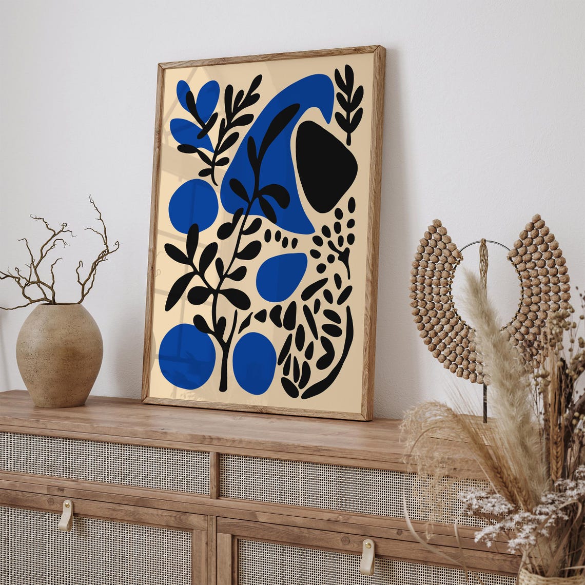 Blue Black Abstract Floral Shapes Modern Boho Botanical Print - Image 3