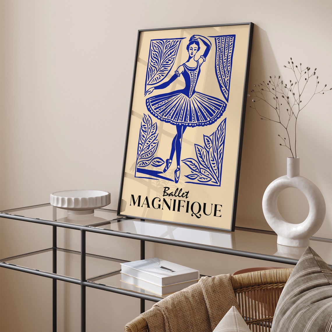 Ballet Magnifique Blue Ballerina Linocut Dance Elegant Poster - Image 4