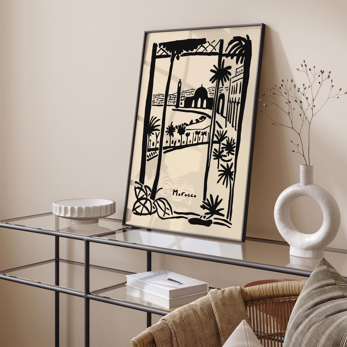 Morocco Terrace View Black Ink Sketch Palm Tree Travel Poster - Image 4