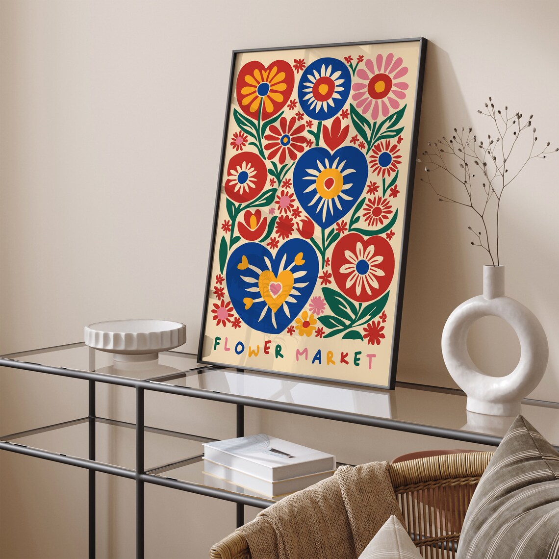Colorful Flower Market Folk Floral Hearts Whimsical Art Poster - Image 4