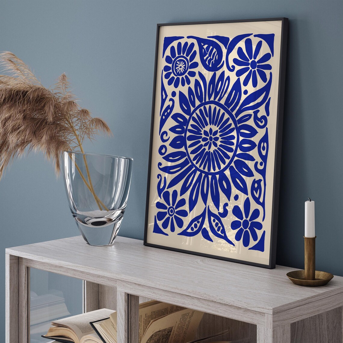 Indigo Blue Floral Symmetrical Botanical Mandala Ornament Poster - Image 6