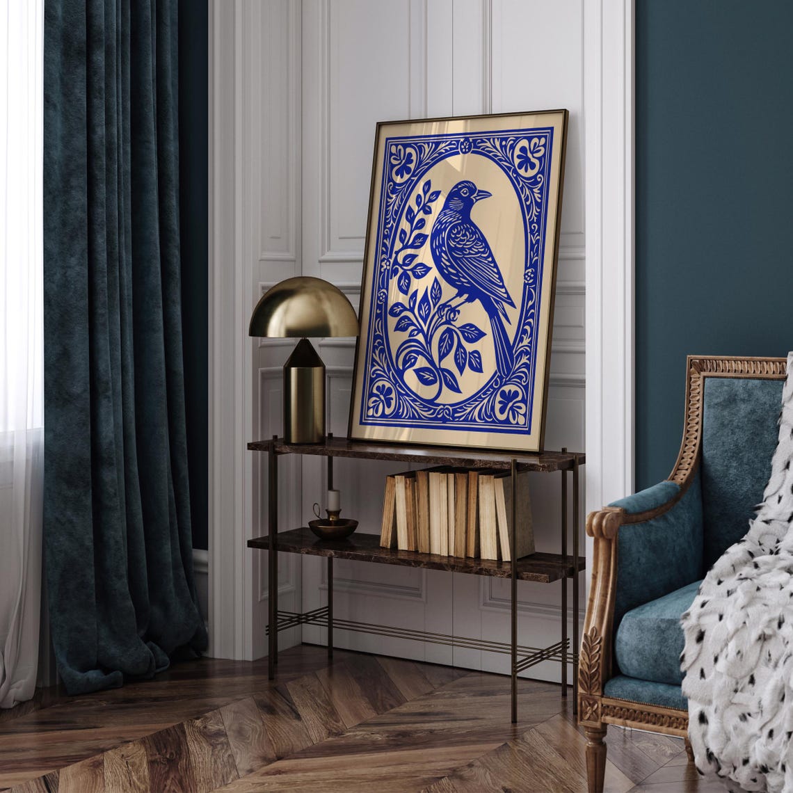Cobalt Blue Songbird on Cream With Ornate Rococo Frame Poster - Image 6