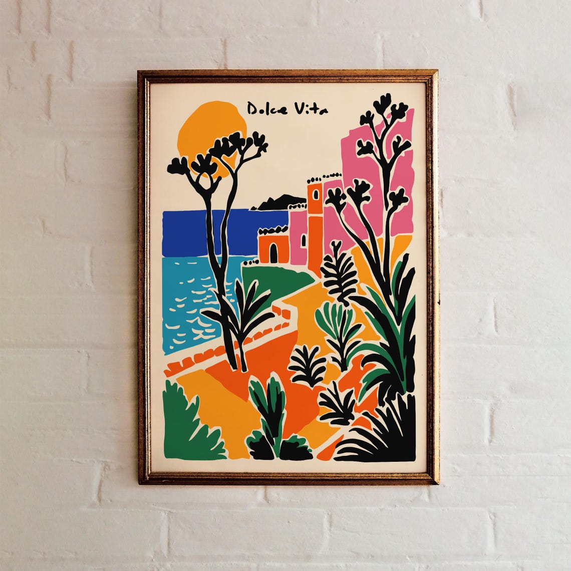 Dolce Vita Coastal Town Poster Pink Houses Sea and Palm Trees