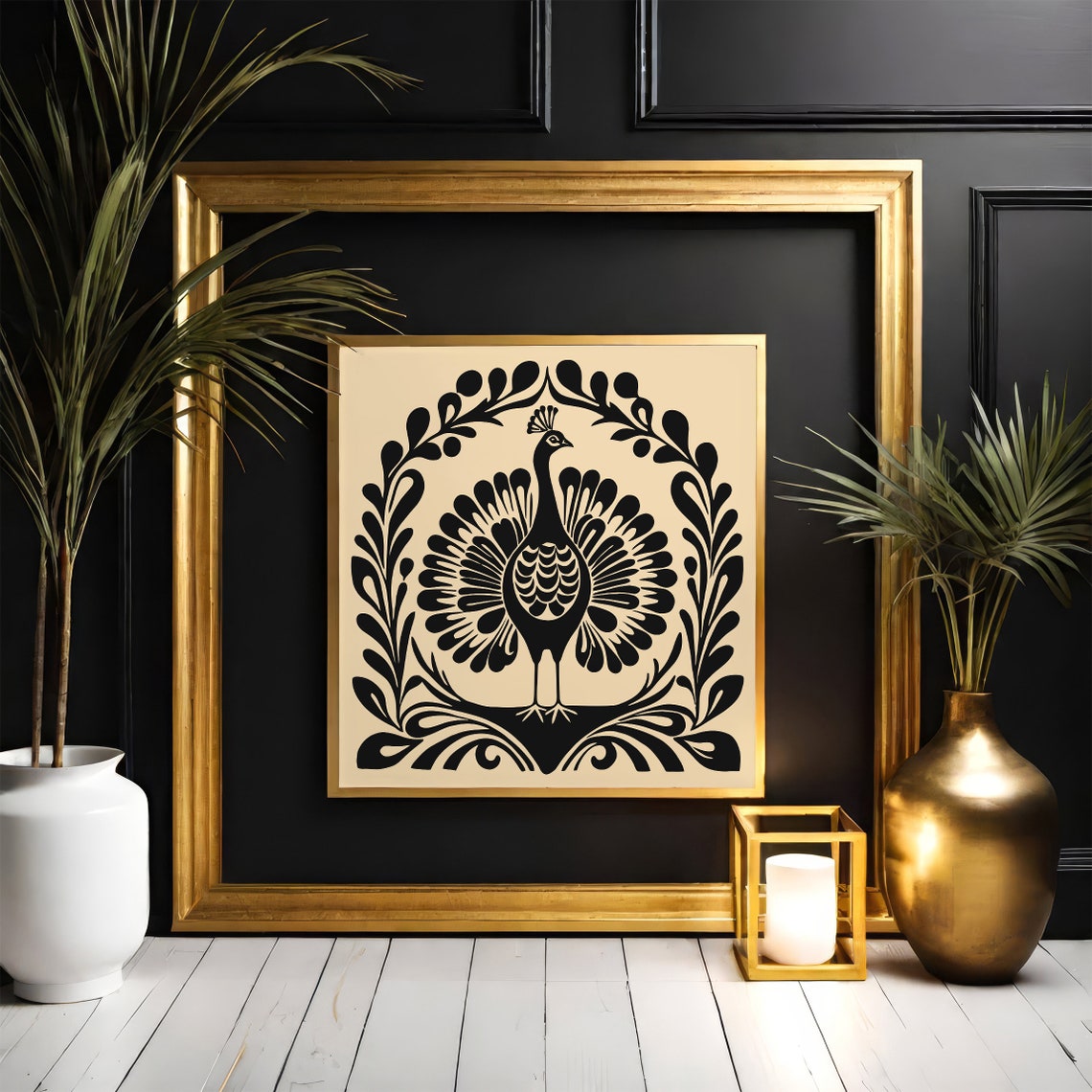 Black Peacock Folk Art Medallion Ornate Bird Scene Art Poster - Image 3