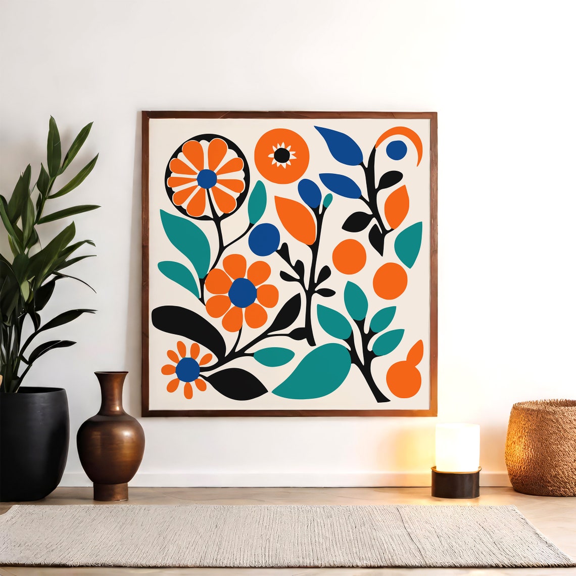 Orange Blue Retro Floral Folk Style Bold Botanical Pattern Print - Image 6