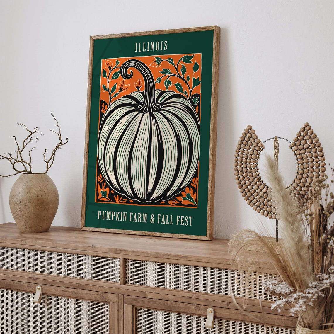 Illinois Pumpkin Farm Fall Fest Harvest Linocut Style Poster - Image 3