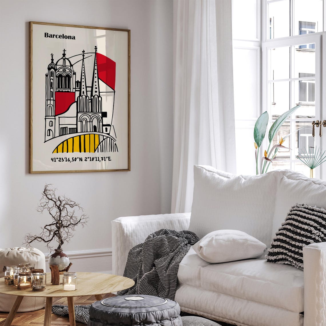 Barcelona Red Yellow Cathedral Line Art Coordinates Map Poster - Image 6